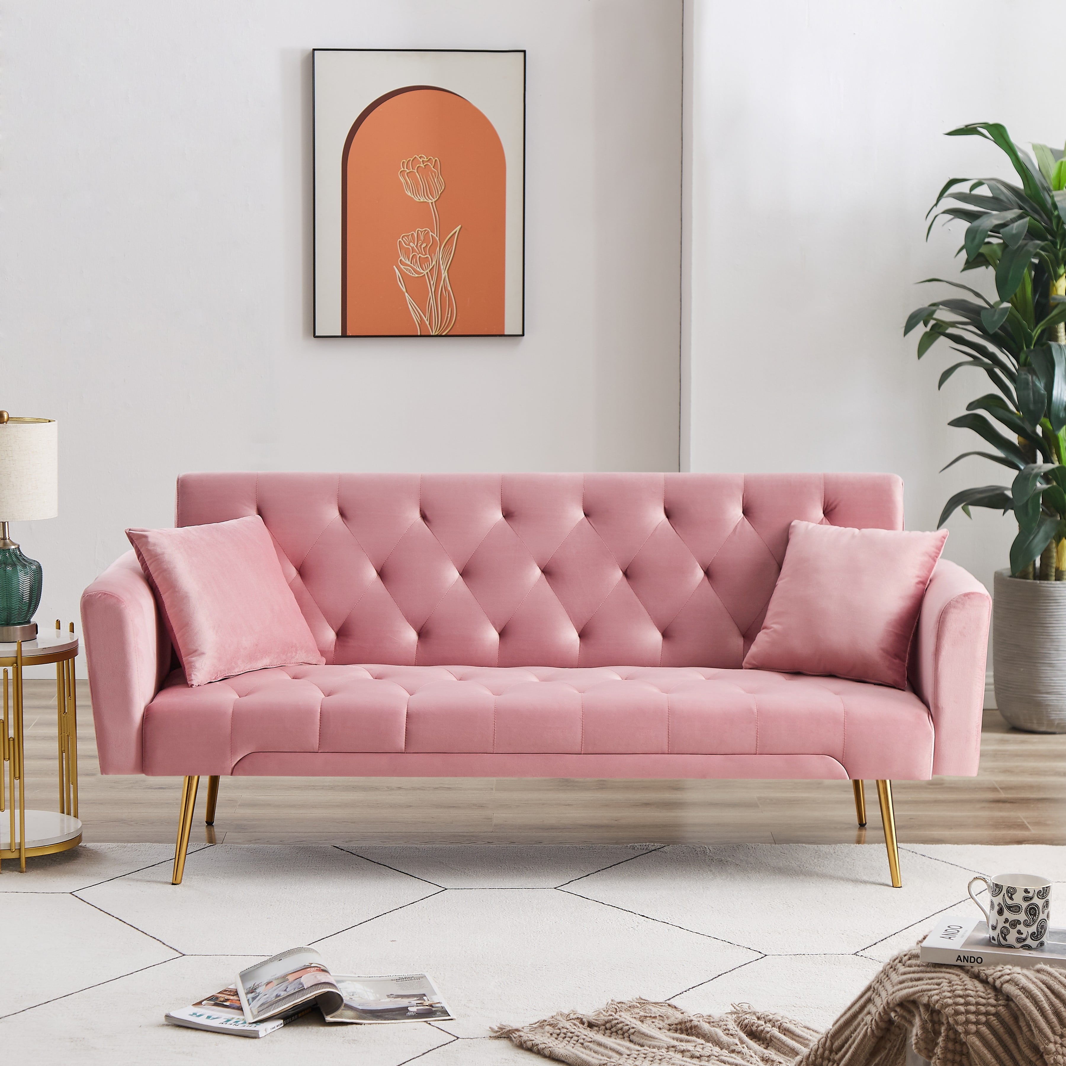 71 Inches Velvet Futon Sofa Bed with 2 Pillows,Modern Convertible Futon Couch with 3 Adjustable Backrest Angles and Gold Metal Feet,Suitable for Apartment,Living Room,Small Space,Pink
