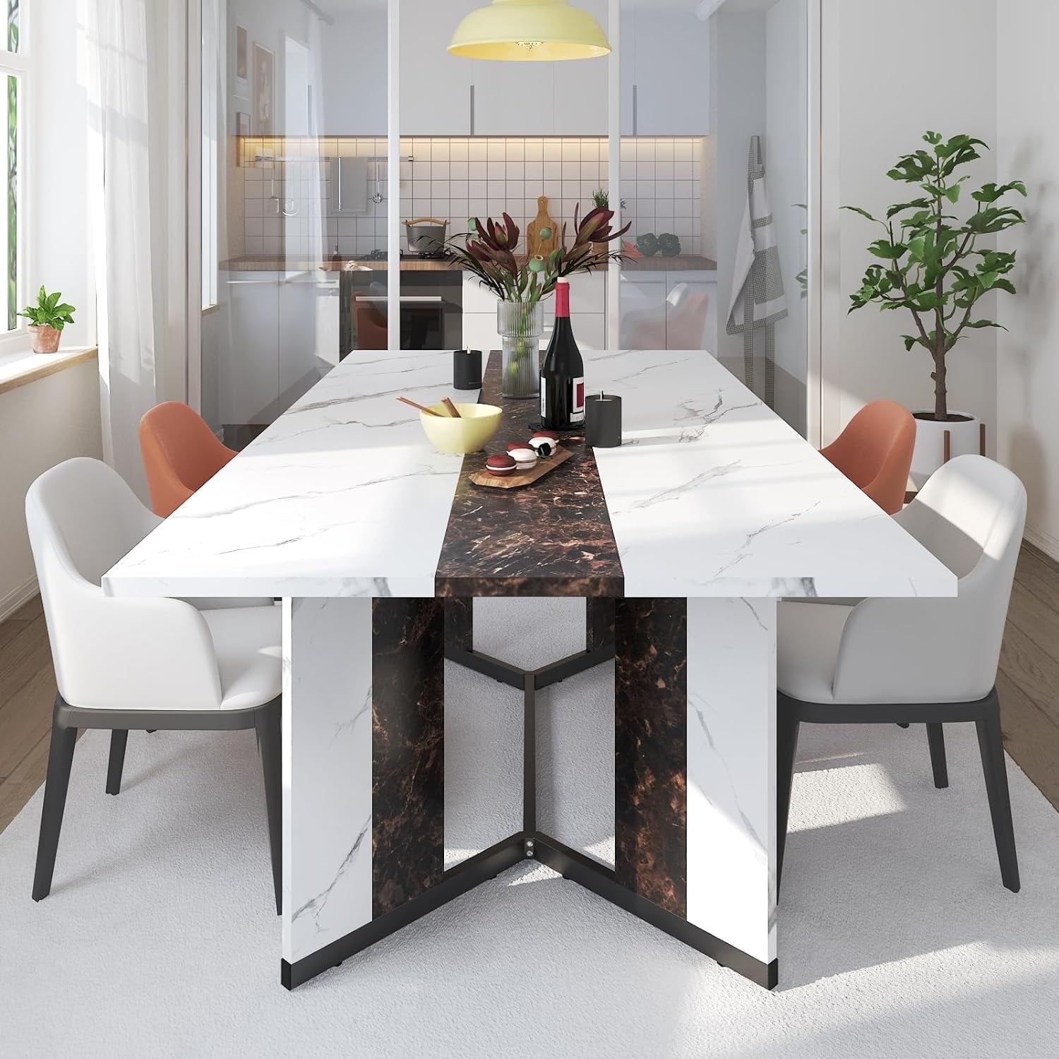 71 inch Large Rectangular Dining Table for 6-8 People, Dining Table with Marble-Color Wood Waterproof Tabletop and Adjustable Leg, 6ft Luxurious Family Dinner Table for Office Kitchen Living Room