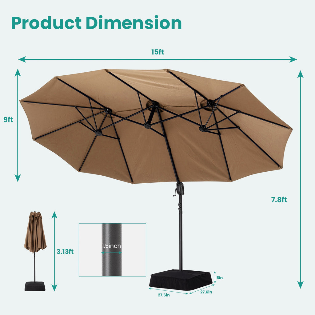FOROUTIA 15ft Double-Sided Patio Umbrella, Large Rectangular Outdoor Market Umbrella with Crank, UV50+ Waterproof Twin Umbrella for Backyard, Poolside, Deck,Off-White