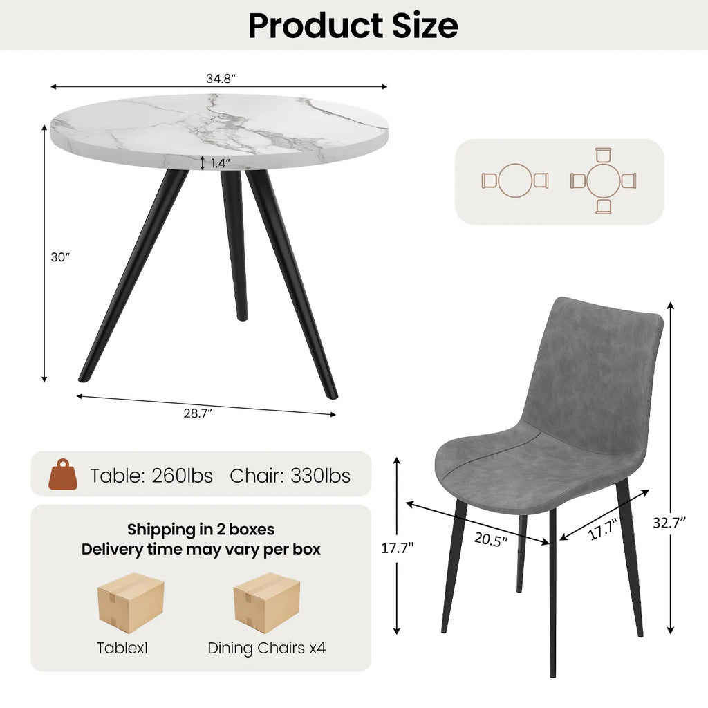 34.8 Round Dining Table for 4 People, Modern Circle Kitchen Table with Metal Legs for Kitchen, Dining Room, Apartment,Gray