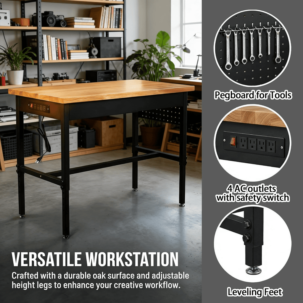 FFZ 70 Inch Adjustable Workbench with Power Outlet, Wheels and Hardwood Top, 70 x 22 x 29.6 inch, Black
