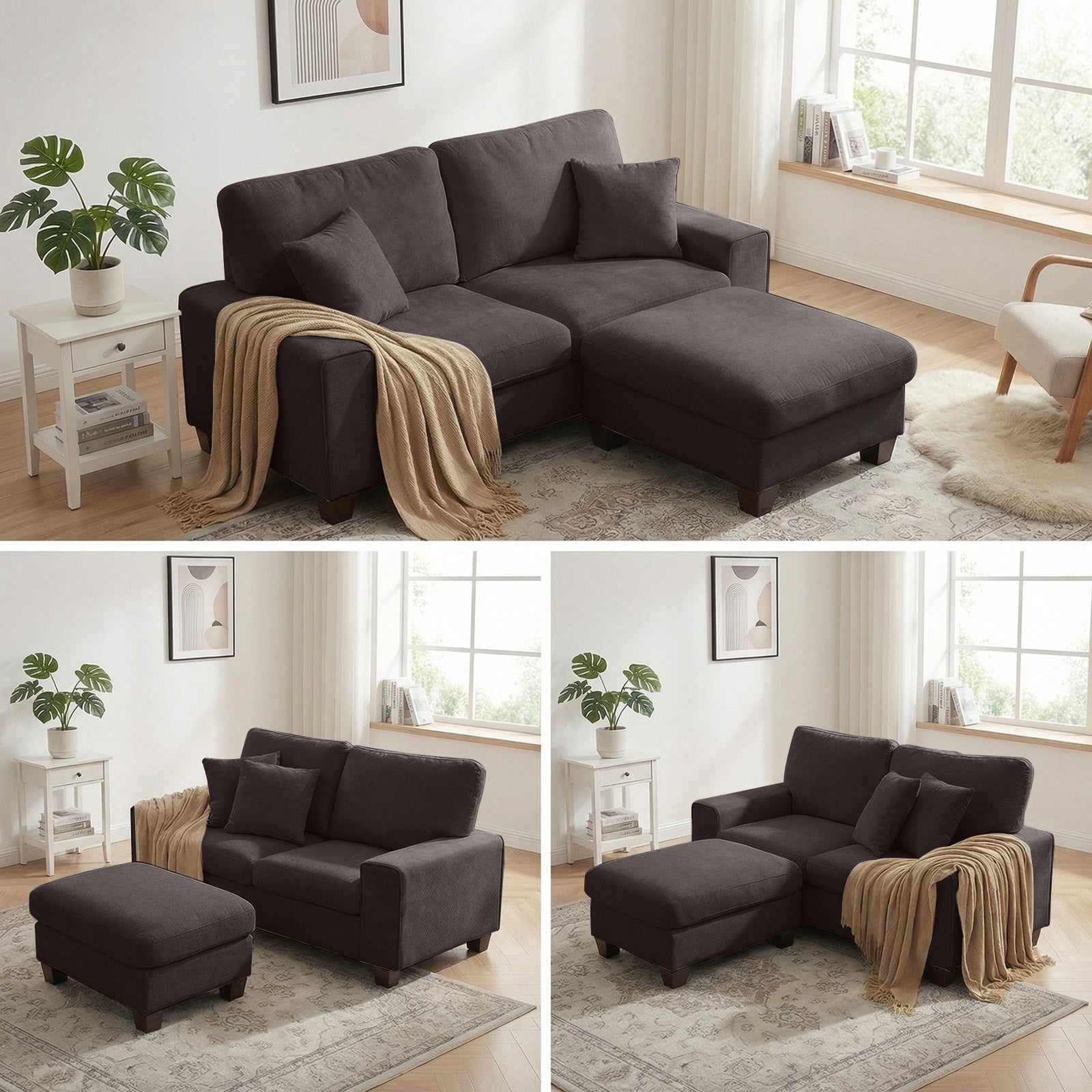 Poshby 88.58''W 3 Seater Sofa Couch with Chenille, Modern Square Arm for Living Room, Light Gray