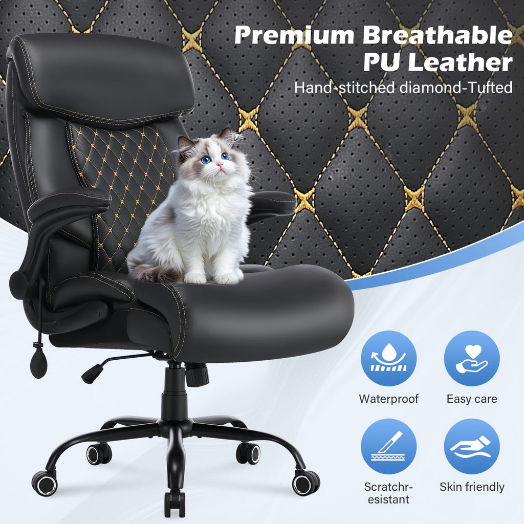 JONPONY Leather Office Chair, Big and Tall 500lbs Ergonomic Desk Chairs with Back Support, Executive Leather Chair with Wheels for Home Office, with Adjustable Padded Armrest & Lumbar Support , Black