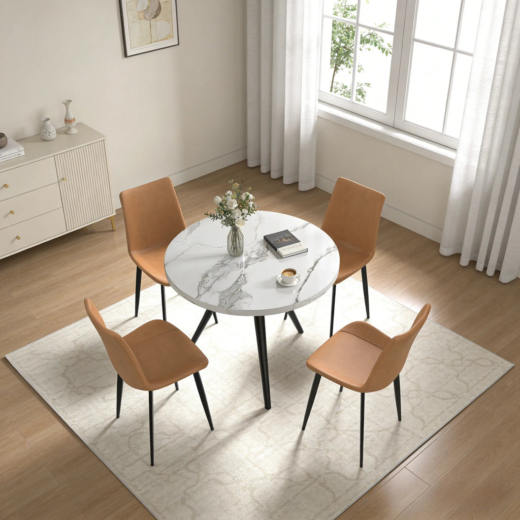 34.8 Round Dining Table Set for 4,5 Piece Mid-Century Modern Dining Set with 4 Upholstered Dining Chairs,Leisure Coffee Table for Kitchen Dining Room, Save Space