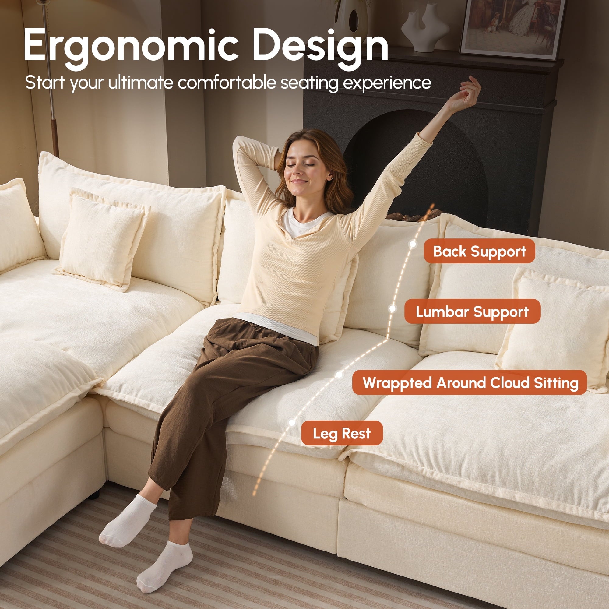 Ovios 108 Modular Sectional Sofa U-Shaped Cloud Couch with 2 Ottomans, Comfy Living Room Furniture, Chenille, Camel
