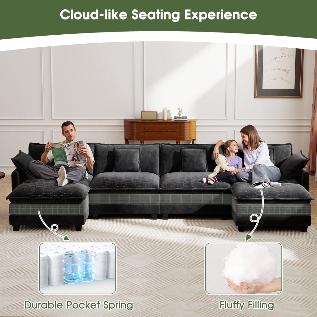 BedLuxury 111.5'' Modular Sectional Sofa with Movable Ottomans, U Shaped Cloud Couch for Living Room, 3-Seat, Beige