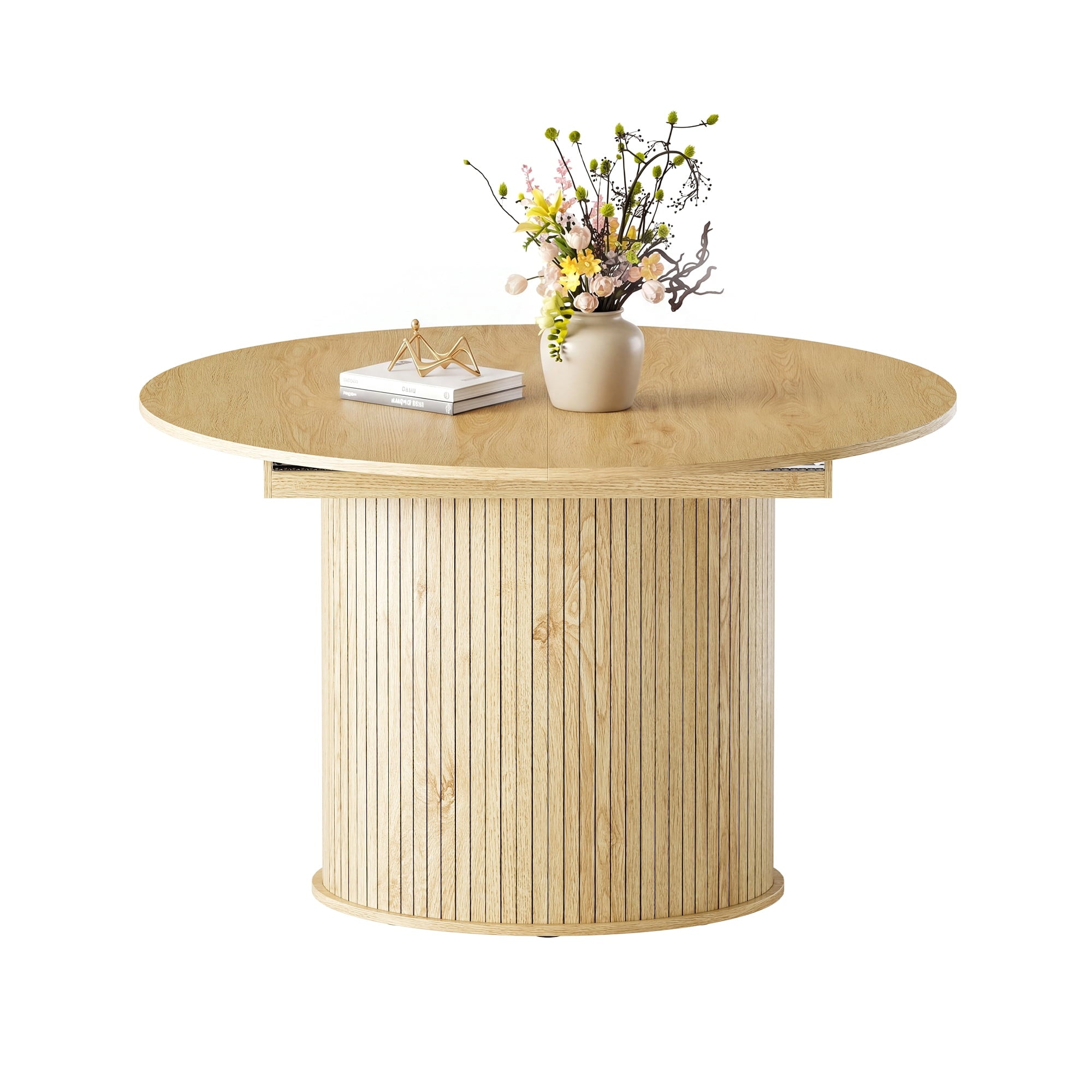 EOP 47″- 63″ Extendable Round Dining Table for 4-6, Wooden Kitchen Table with Hidden Storage and Fluted Sliding Door Cabinet, Modern Space-Saving Table for Dining Room Kitchen, Walnut