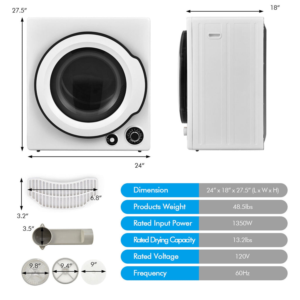 Gymax 13.2 lbs Electric Tumble Compact Laundry Dryer Stainless Steel Tub 1350 W