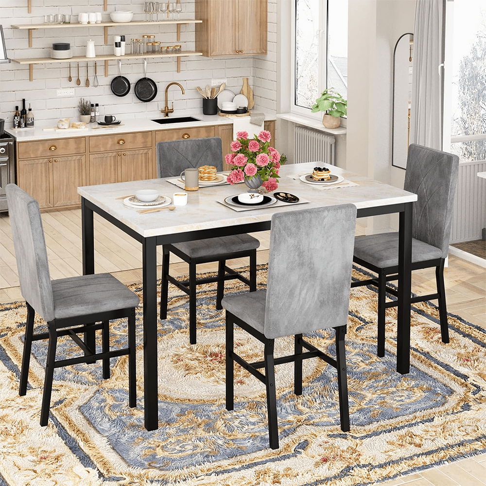 LinkRomat 5-Piece Faux Marble Dining Table Set for 4, Modern Kitchen Table with Chairs, Dinette Dining Room Furniture Set for Compact Space Saving
