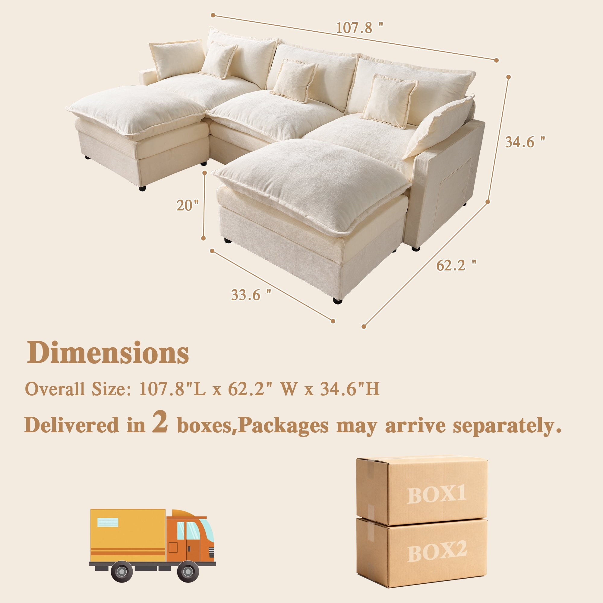 Ovios 108 Modular Sectional Sofa U-Shaped Cloud Couch with 2 Ottomans, Comfy Living Room Furniture, Chenille, Camel