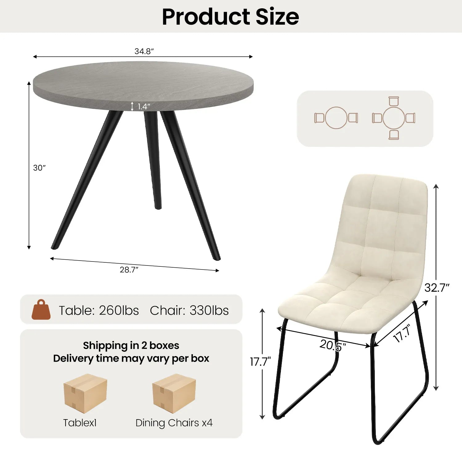 34.8 Round Dining Table Set for 4,5 Piece Mid-Century Modern Dining Set with 4 Upholstered Dining Chairs,Leisure Coffee Table for Kitchen Dining Room, Save Space