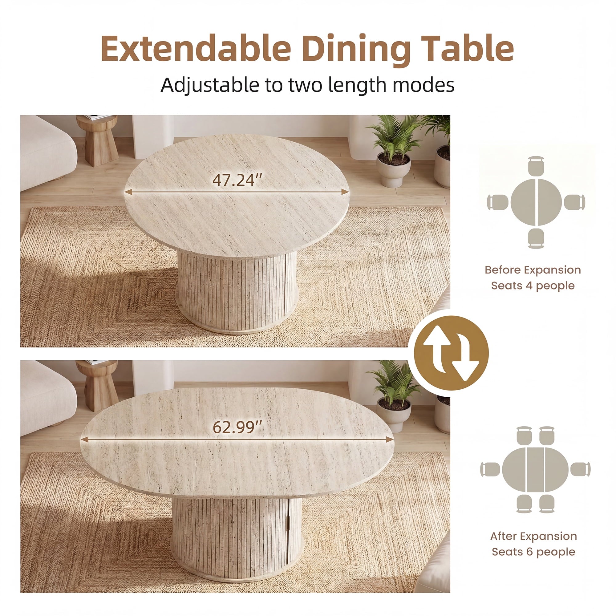 EOP 47″- 63″ Extendable Round Dining Table for 4-6, Wooden Kitchen Table with Hidden Storage and Fluted Sliding Door Cabinet, Modern Space-Saving Table for Dining Room Kitchen, Natural Wood