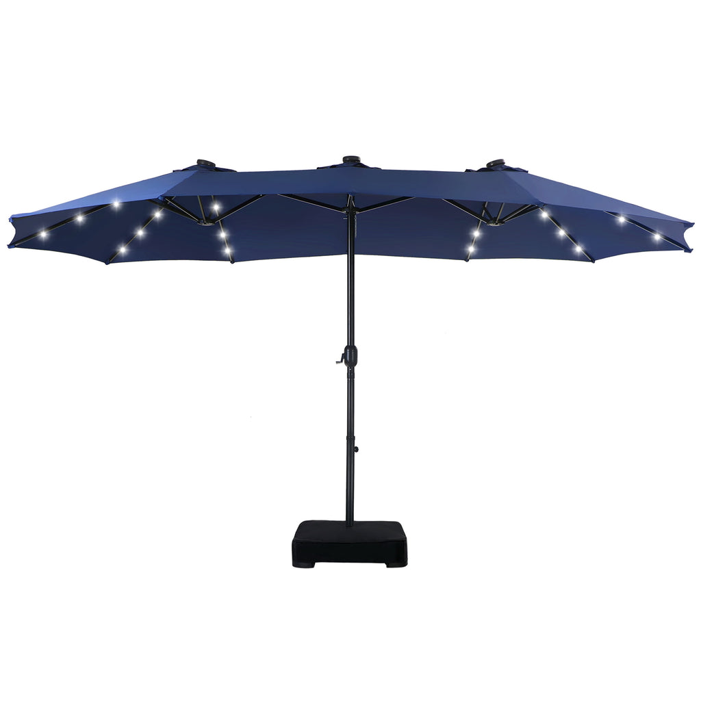 SUMMIT LIVING 15 FT Double-Sided Solar Patio Umbrella with Base Large Outdoor Umbrella with LED Solar Lights - Haze Blue