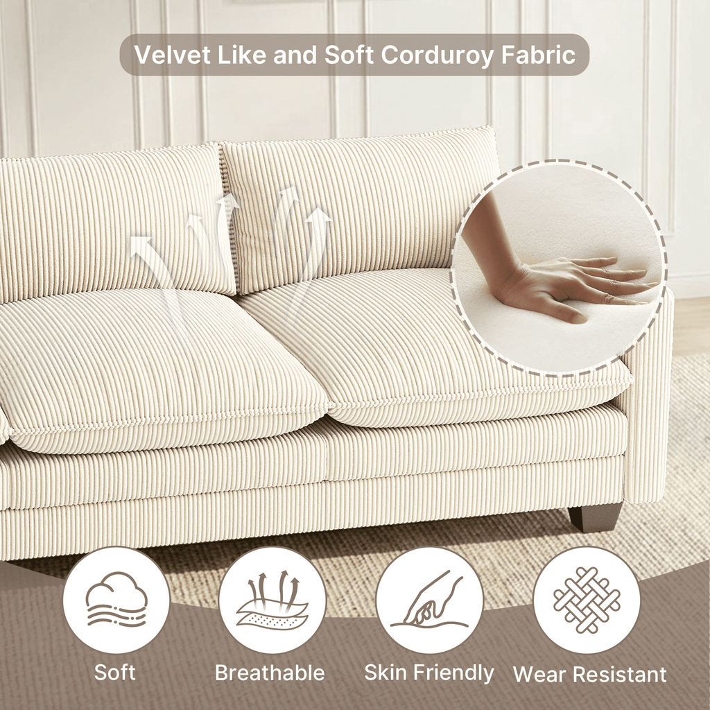110'' Oversized L Shaped Couch for Living Room, Cloud Couches with Washable Corduroy Cover, Modern 4-Seater Comfy Deep-Seat Sofa with Movable Ottoman and 2 Throw Pillows for Apartment, Gray