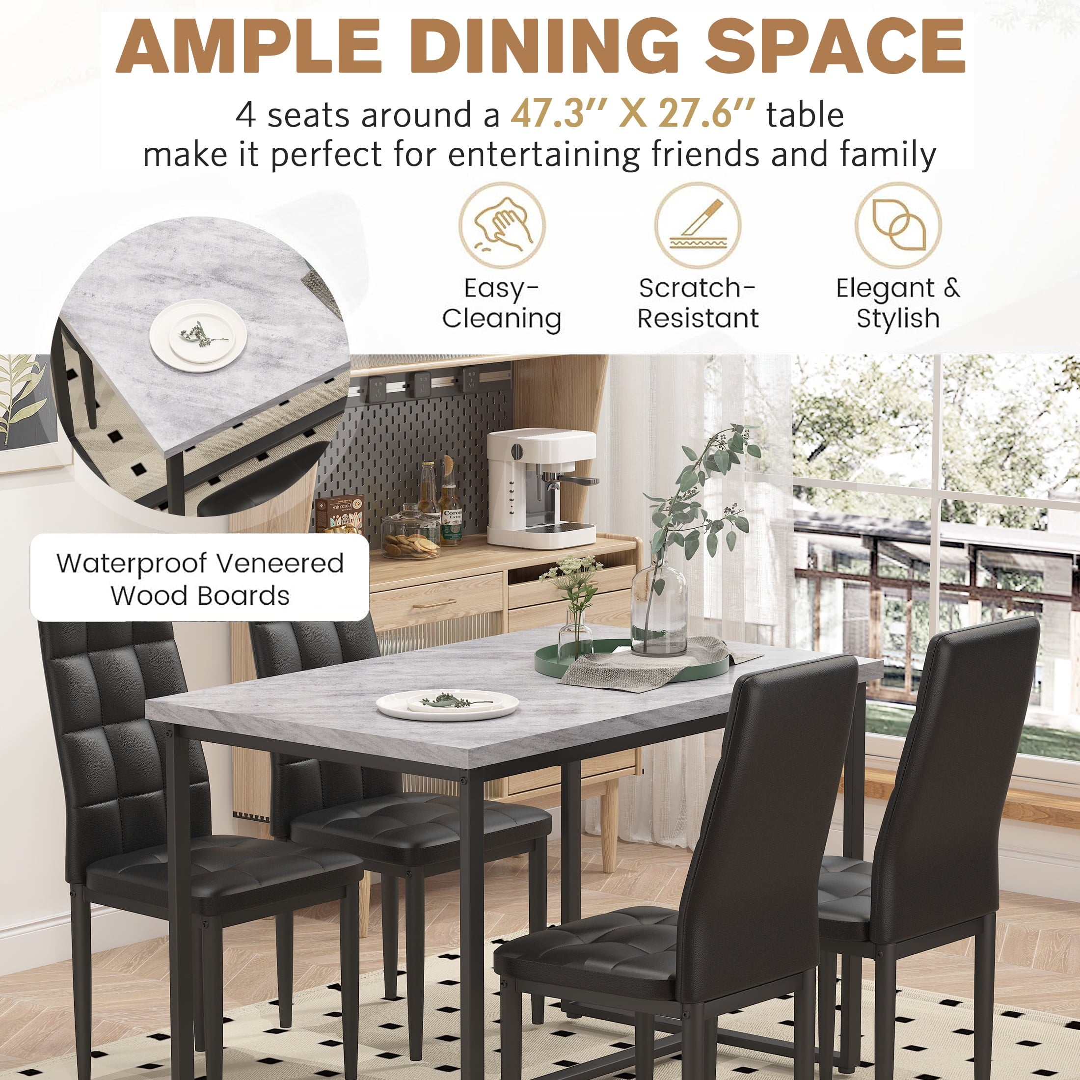SEGMART Dining Table with 4 High-Back Upholstered Chairs, Modern Dinette Set, Dining Table & Chairs Set for 4 Persons, Small Home Kitchen Dining Table Set, Ideal for Apartment Breakfast Nook