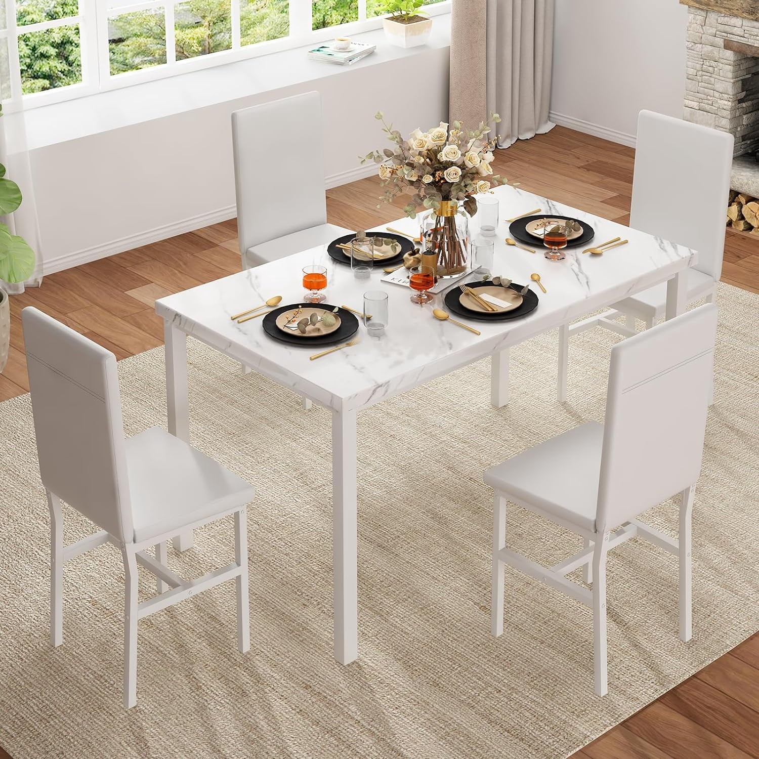 MIERES 5 Piece Dinning Table Sets for 4, Marble Kitchen Table and Chairs for 4,Dining Room Table Set with PU Leather Chairs,Faux Marble Dining Set for Small Spaces,Living Room,White+Brown