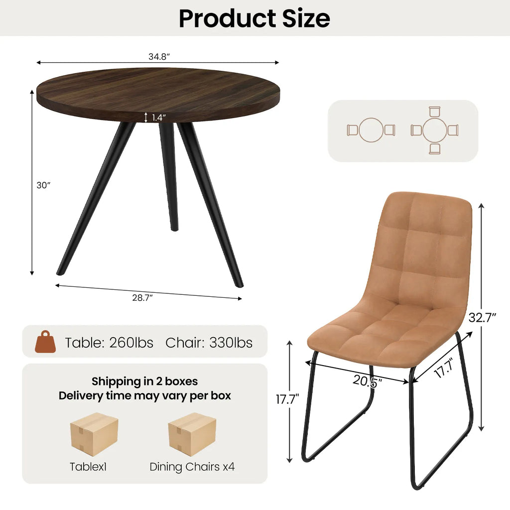 34.8 Round Dining Table Set for 4,5 Piece Mid-Century Modern Dining Set with 4 Upholstered Dining Chairs,Leisure Coffee Table for Kitchen Dining Room, Save Space