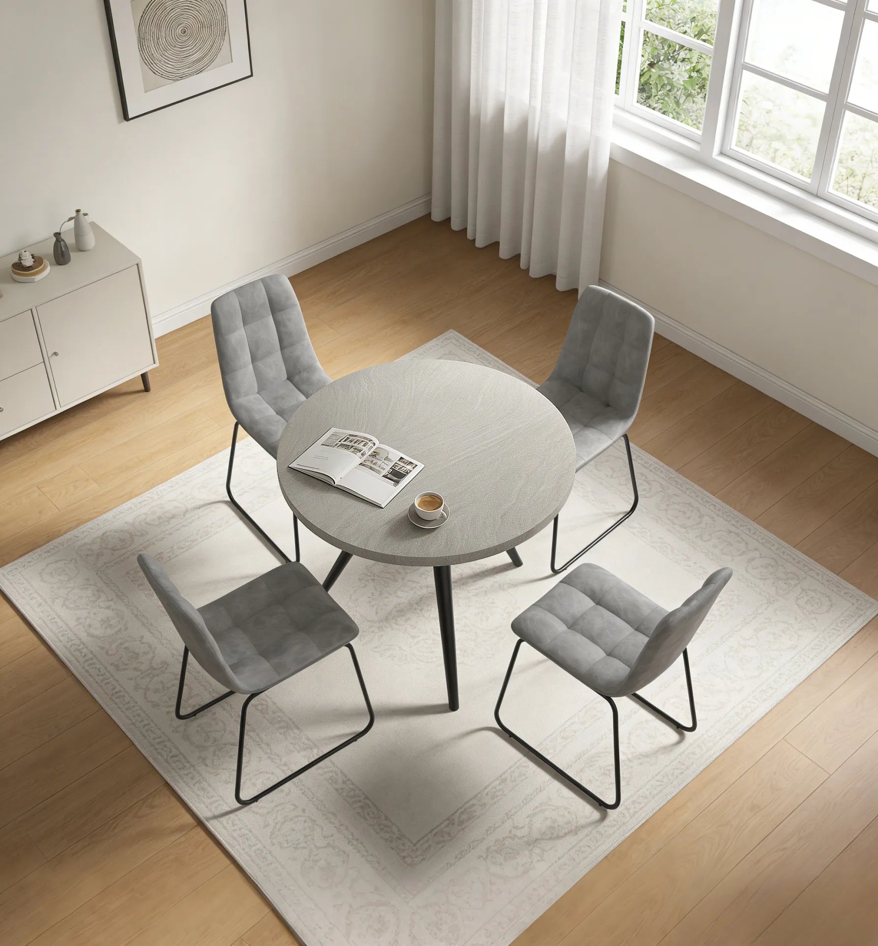 34.8 Round Dining Table Set for 4,5 Piece Mid-Century Modern Dining Set with 4 Upholstered Dining Chairs,Leisure Coffee Table for Kitchen Dining Room, Save Space