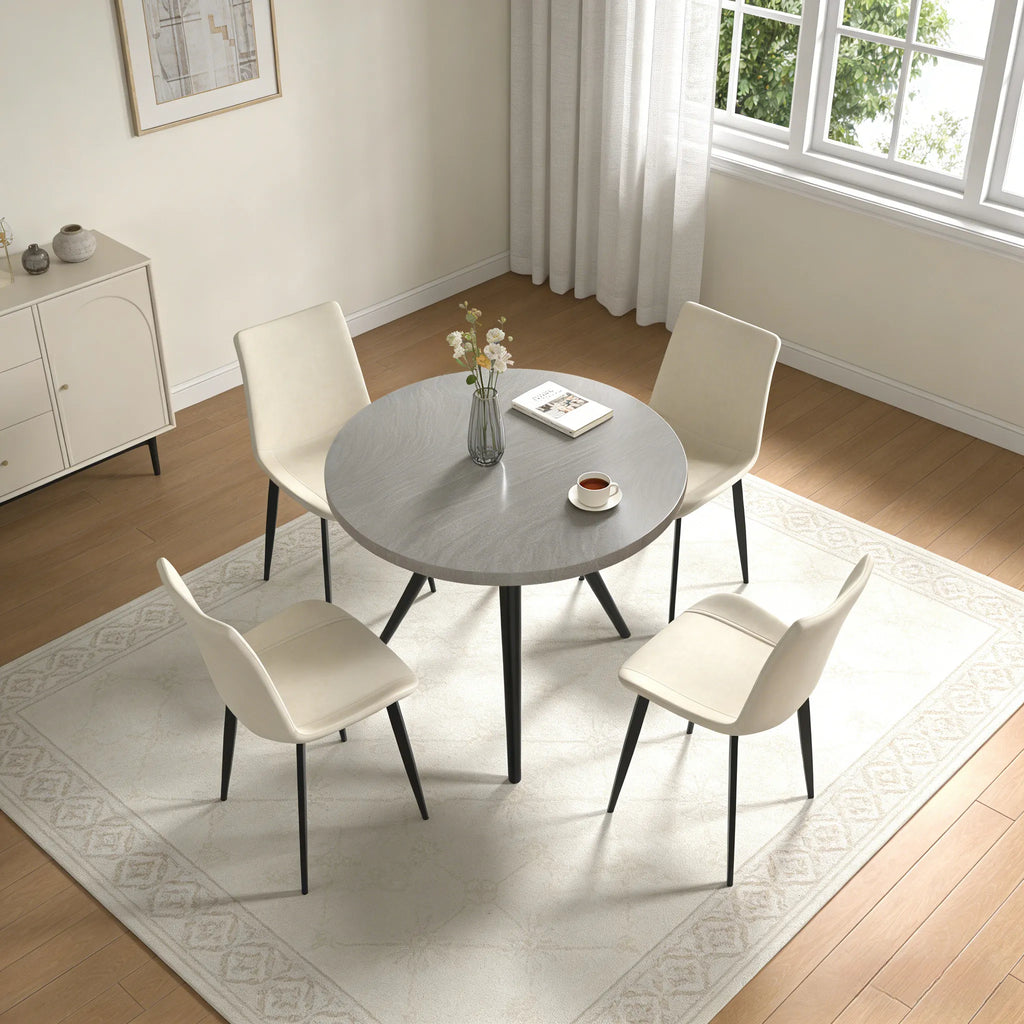 34.8 Round Dining Table Set for 4,5 Piece Mid-Century Modern Dining Set with 4 Upholstered Dining Chairs,Leisure Coffee Table for Kitchen Dining Room, Save Space