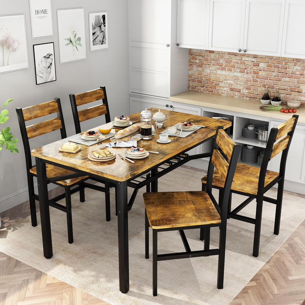 Lamerge 4 Person Dining Table Set, Wooden Dining Table 5 Piece Set with 4 Oak Metal Frame Chairs, Space Saving, Suitable for Apartments, Small Spaces, Kitchens, Breakfast Corners, Espresso Wood C