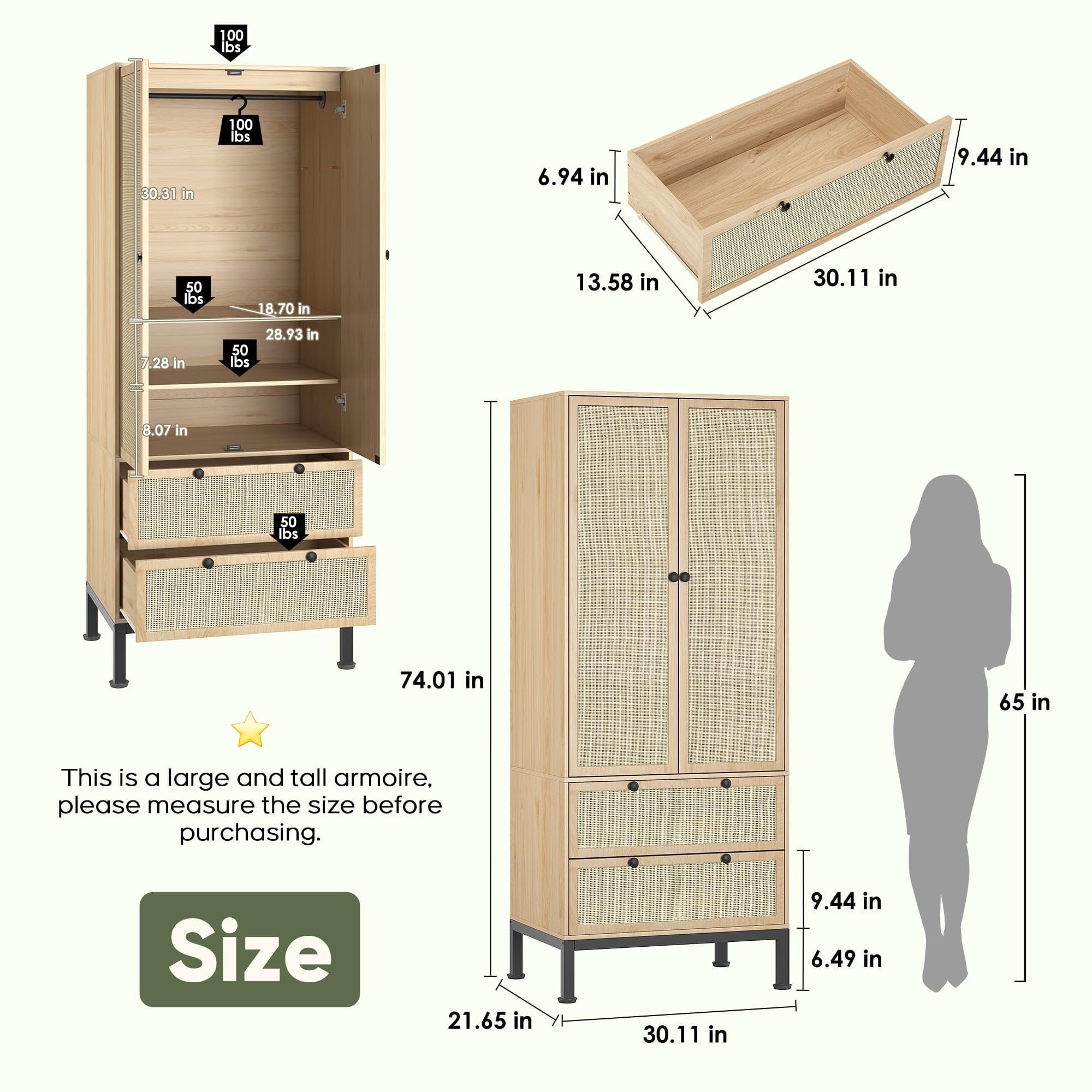 Brafabhome 67H Fluted Armoire Wardrobe Closet with Drawer, Wooden 2 Doors Wardrobe Cabinet with Hanging Rod & Adjustable Shelf for Bedroom | Nature