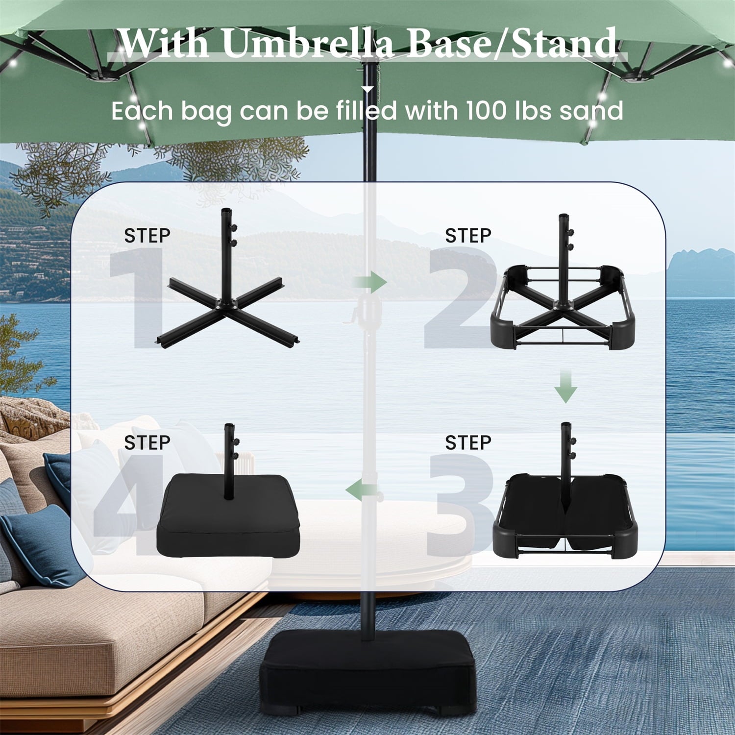 SUMMIT LIVING 15 FT Double-Sided Solar Patio Umbrella with Base Large Outdoor Umbrella with LED Solar Lights - Haze Blue