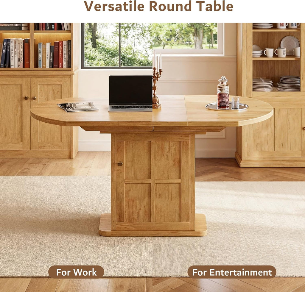 iPormis Extendable Round Dining Table for 4-6, 59'' Modern Kitchen Table with 2-Tier Storage Shelf, Wood Door, MDF Board, Space Saving Oval Dinner with Sturdy Pedestal Base, Kitchen, Dining, Natural