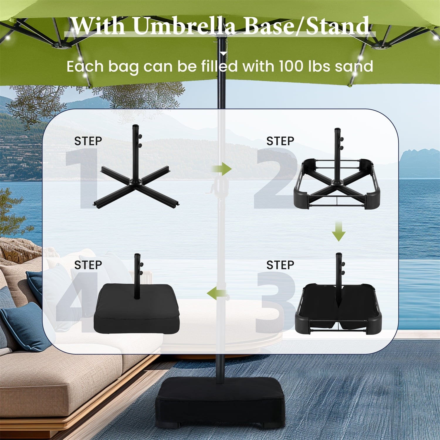 SUMMIT LIVING 15ft Double-Sided Solar Patio Umbrella with Base (Included) Large Outdoor Umbrella with Solar Lights - Beige