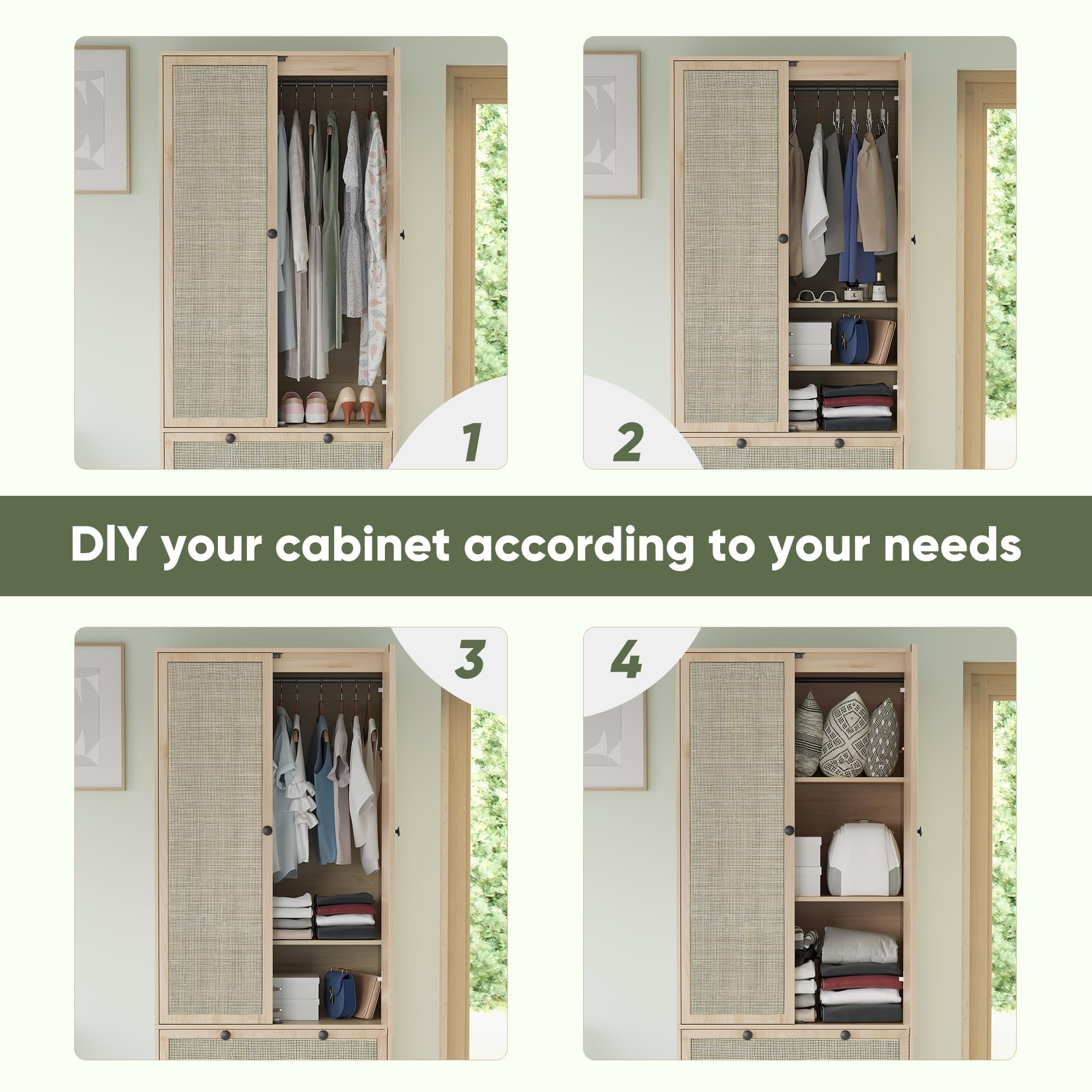 Brafabhome 67H Fluted Armoire Wardrobe Closet with Drawer, Wooden 2 Doors Wardrobe Cabinet with Hanging Rod & Adjustable Shelf for Bedroom | Whitewash