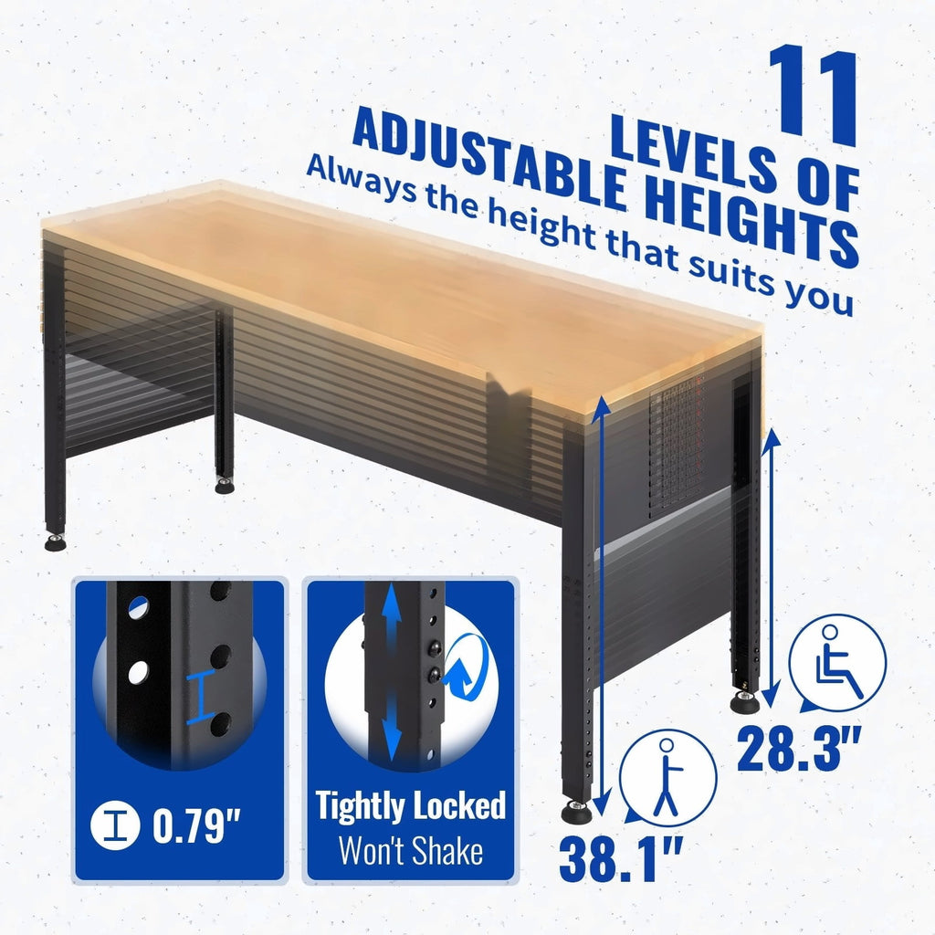 Adjustable Height Workbench 48x20, 2000 LBS Capacity Garage Work Table w/Power Outlets, Hardwood Top & Metal Frame, for Office Home DIY Projects