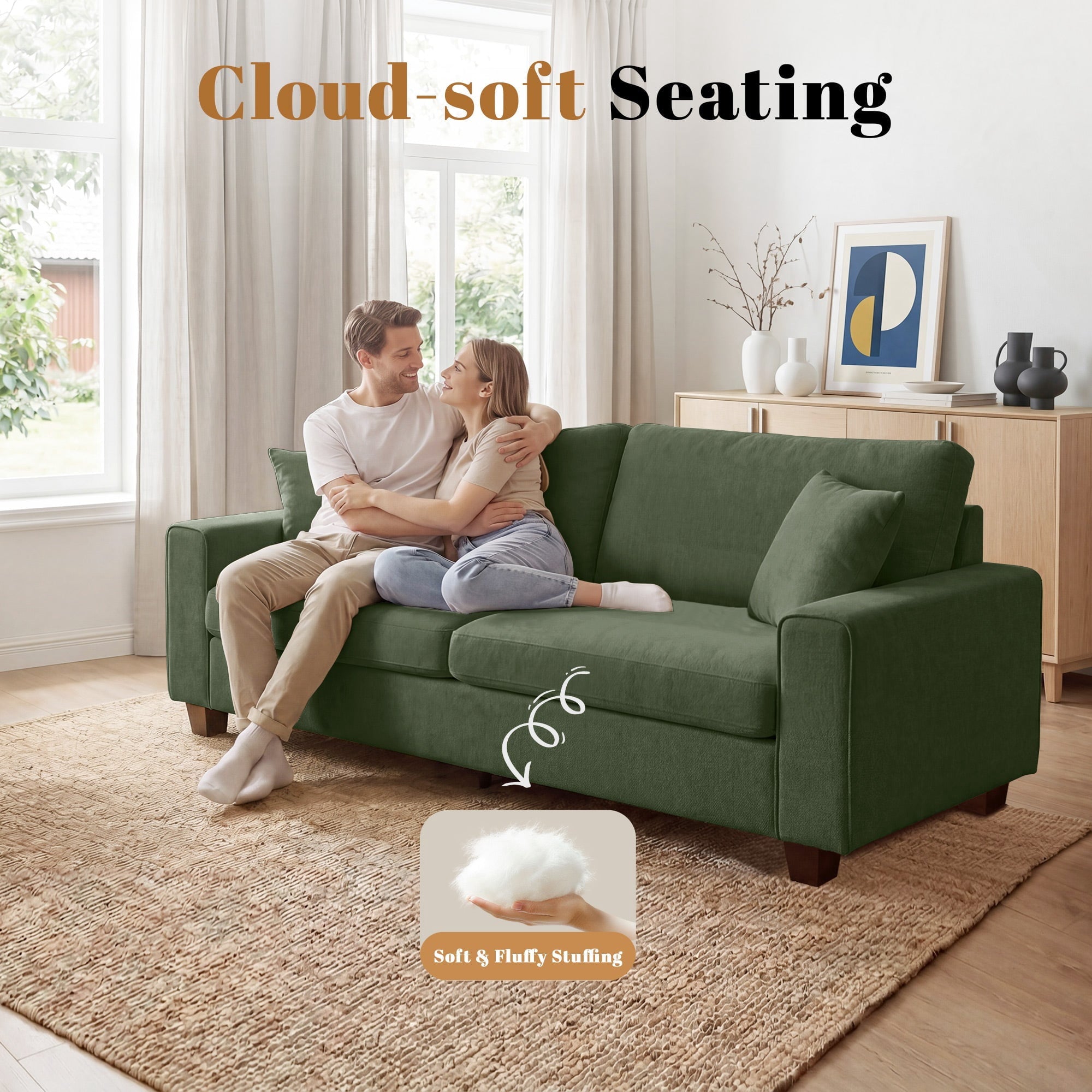 Poshby 71.25''W Loveseat 2 Seater Couch Sofa with Chenille Material, Modern for Living Room, Beige