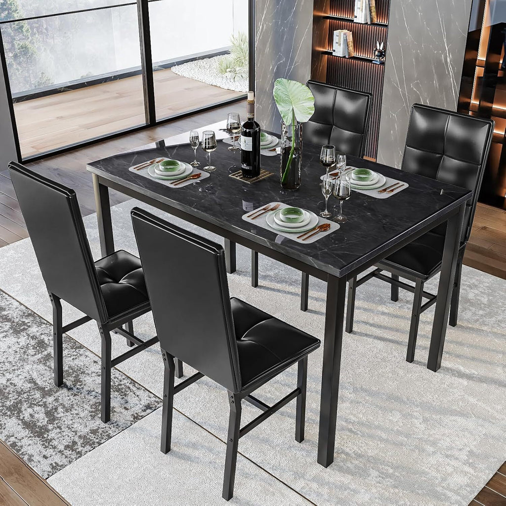 MOOSENG Dining Table Set for 4, Faux Marble Kitchen Table and Chairs Set of 4, 5-Piece Dining Room Set with PU Leather Upholstered Chairs for Small Space, Gray