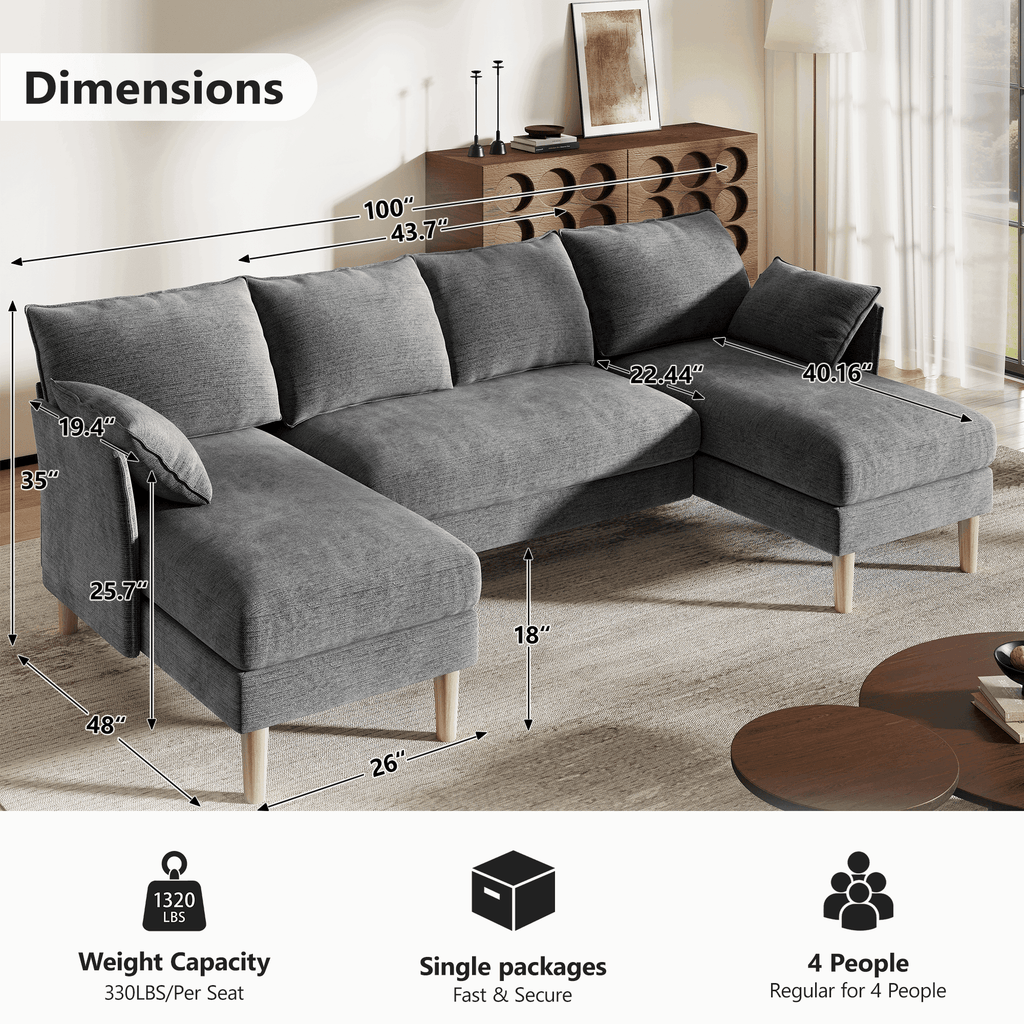 BedLuxury 100 U-Shape Sectional Sofa with Chaise, Chenille Modern Couch with High Legs for Living Room, Apartment, Gray