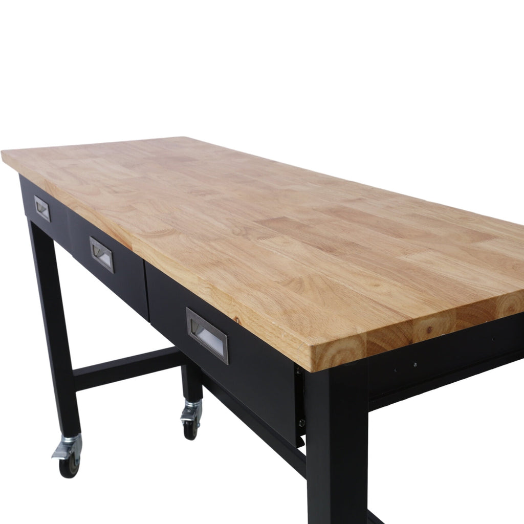 Office Desks 60in Work Bench, Workbench with Drawer Storage, Heavy Duty Bamboo Wood Work Table with Wheels for Garage Home Office,Wooden Office Desks