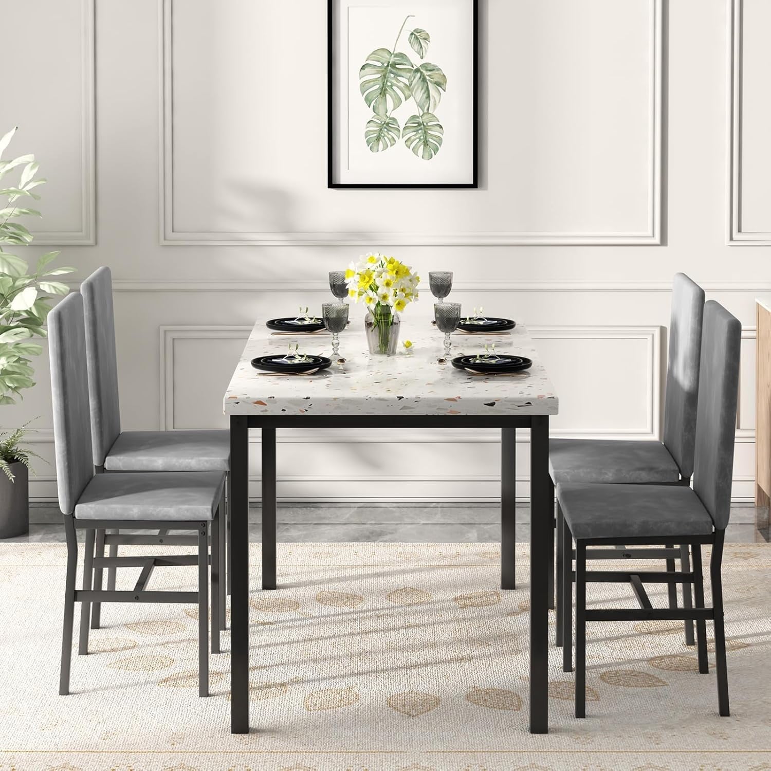 MIERES 5 Piece Dinning Table Sets for 4, Marble Kitchen Table and Chairs for 4,Dining Room Table Set with PU Leather Chairs,Faux Marble Dining Set for Small Spaces,Living Room,White+Brown