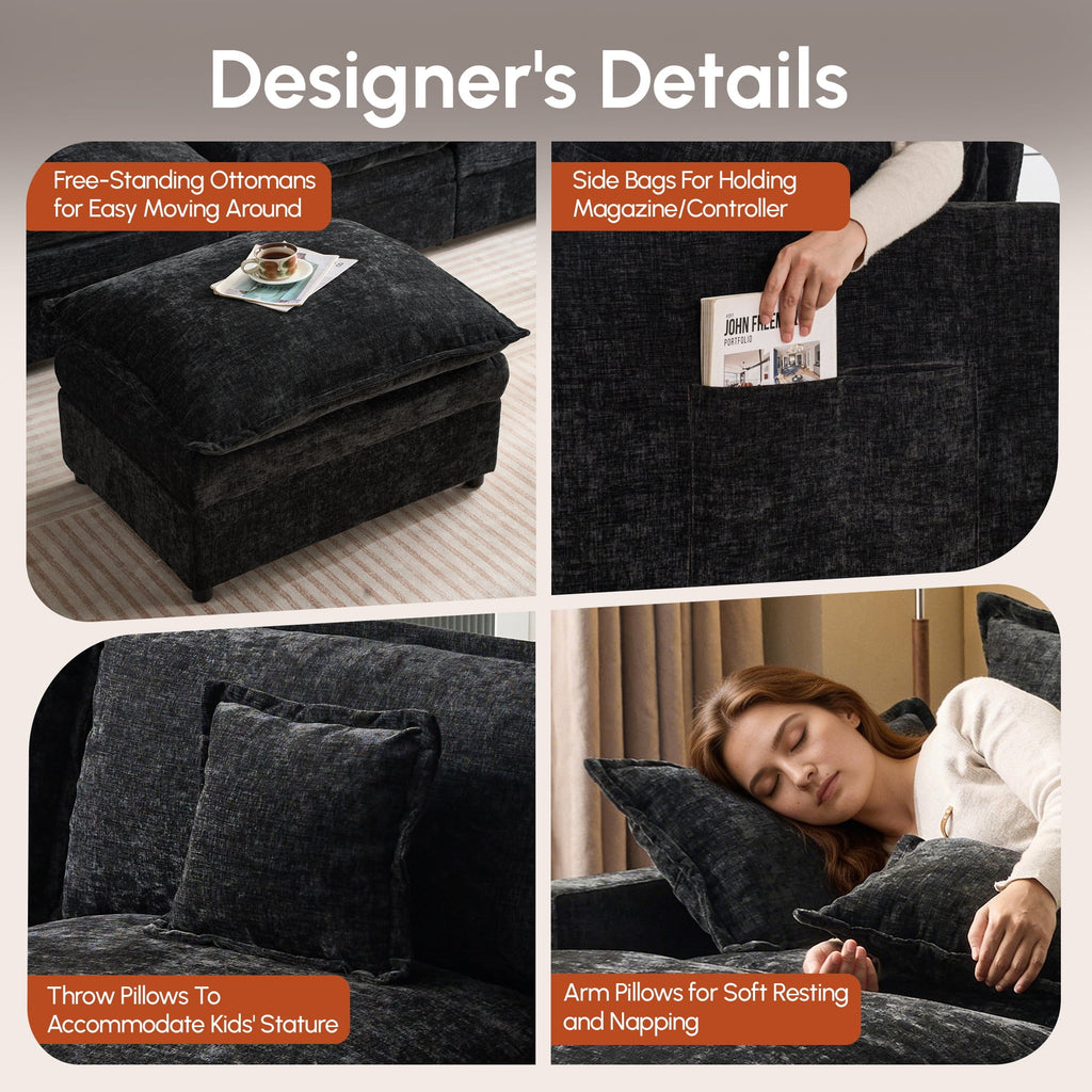 Ovios 108 Modular Sectional Sofa U-Shaped Cloud Couch with 2 Ottomans, Comfy Living Room Furniture, Chenille, Dark Blue