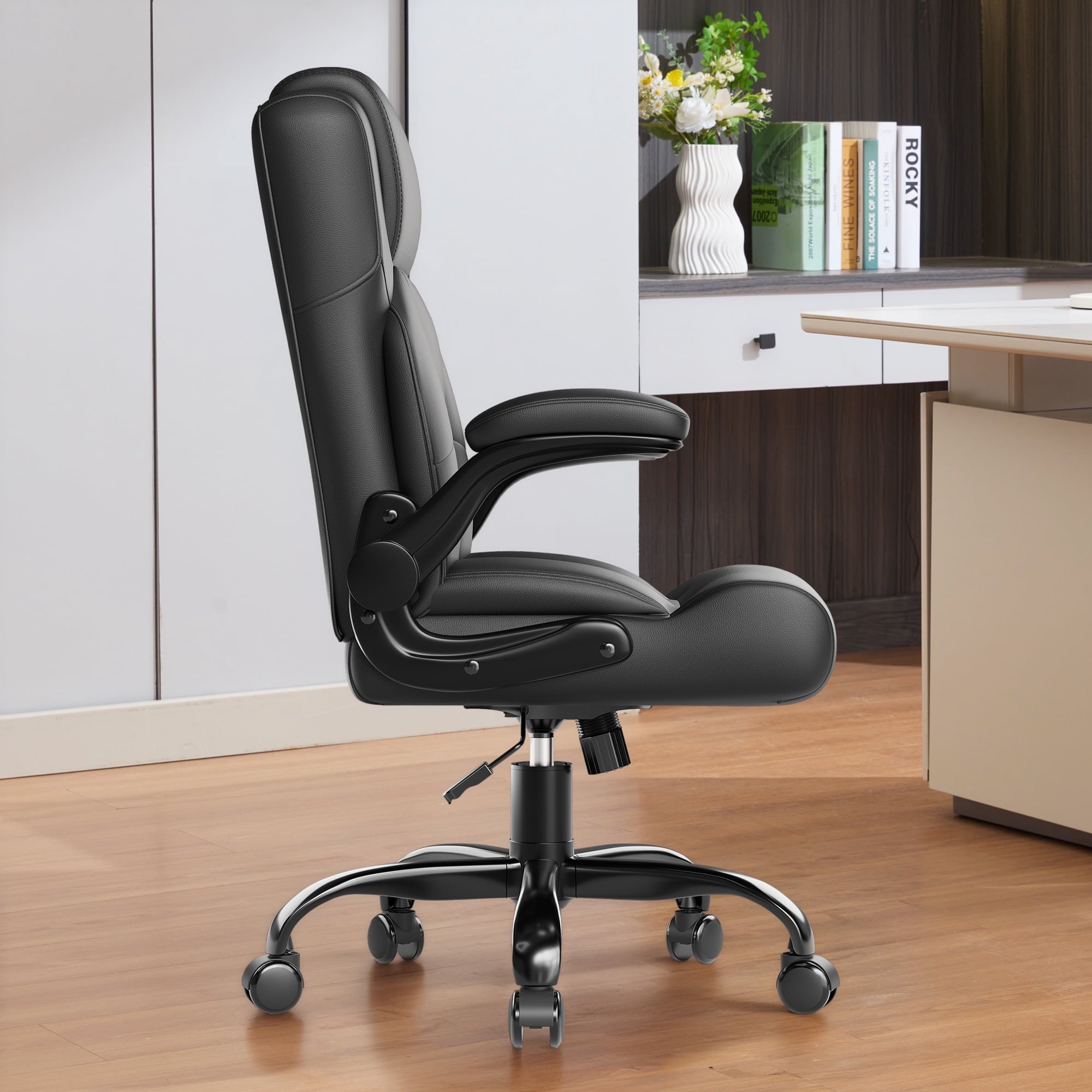 JONPONY Leather Office Chair, Big and Tall 500lbs Ergonomic Desk Chairs with Back Support, Executive Leather Chair with Wheels for Home Office, with Adjustable Padded Armrest & Lumbar Support , Black