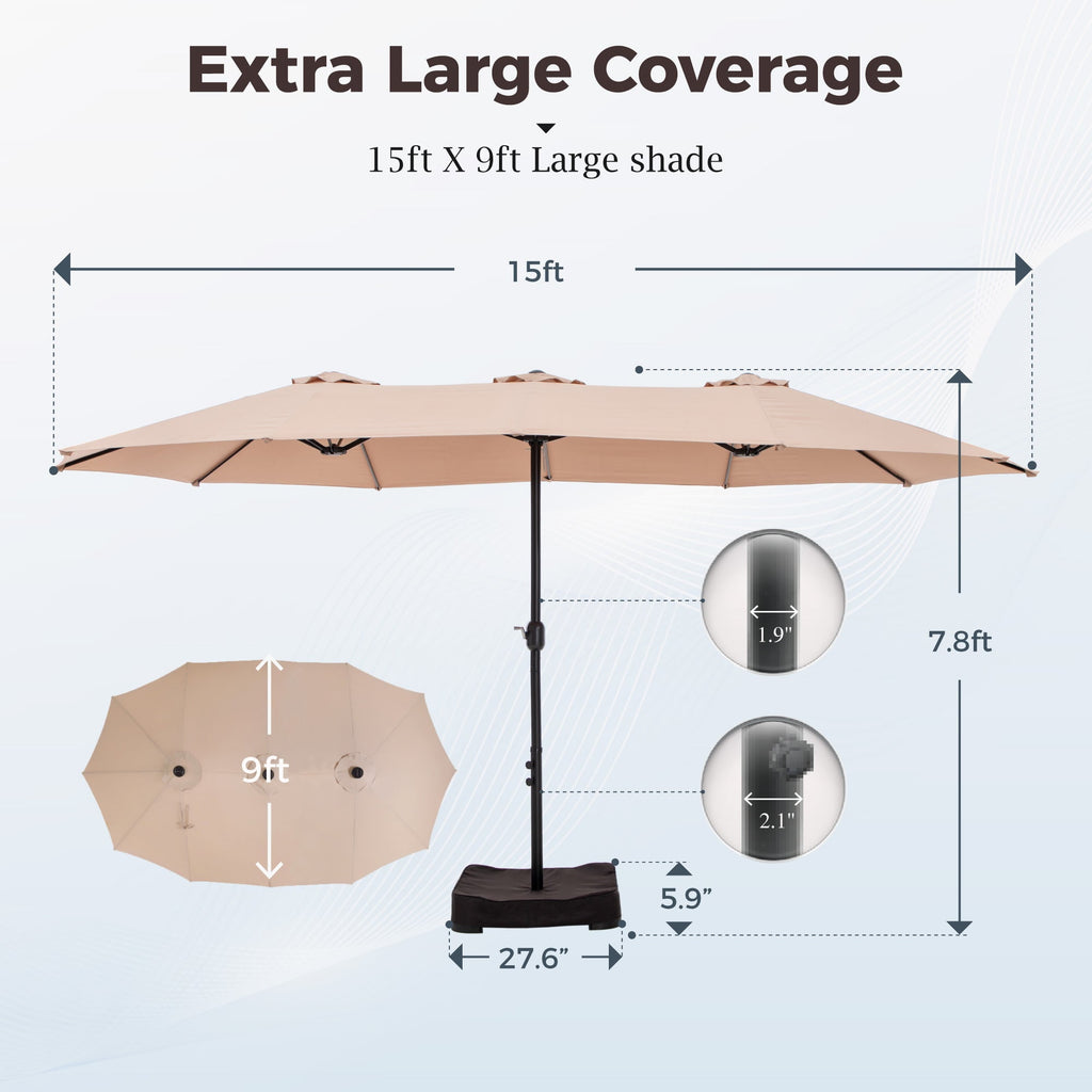 Alpha Joy 15ft Outdoor Patio Umbrella Extra-Large Double-Sided Garden Umbrella with Crank Handle and Base - Smoky Gray