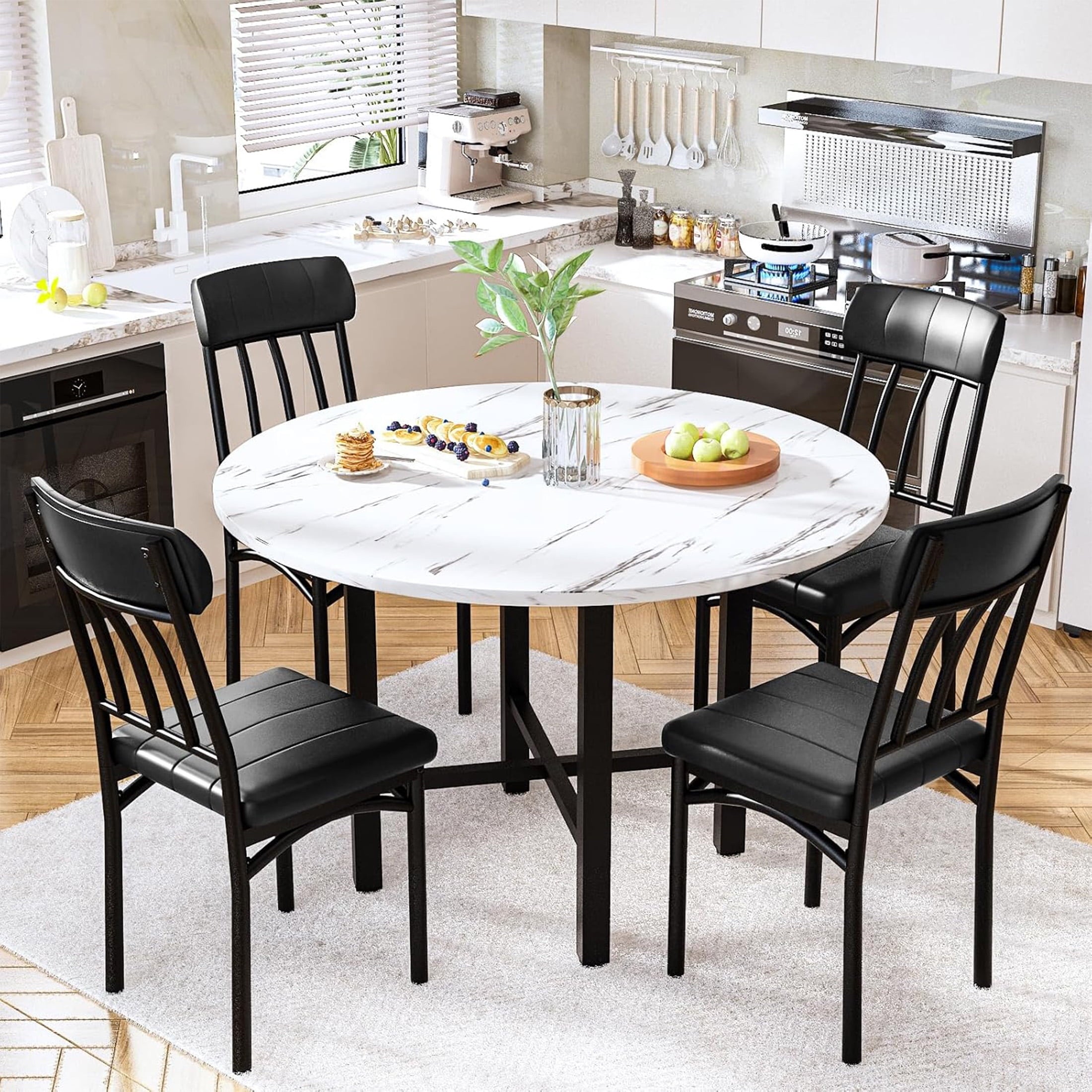 LinkRomat Round Dining Table Set for 4, Modern Dining Room Sets with 4 Faux Leather Chairs, Kitchen Dinner Wooden Table & Chair Set for Small Space, Grey