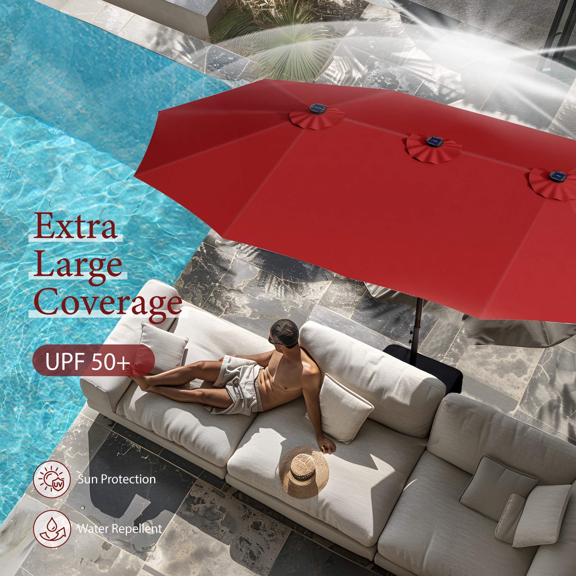 SUMMIT LIVING 15 FT Double-Sided Solar Patio Umbrella with Base Large Outdoor Umbrella with LED Solar Lights - Haze Blue