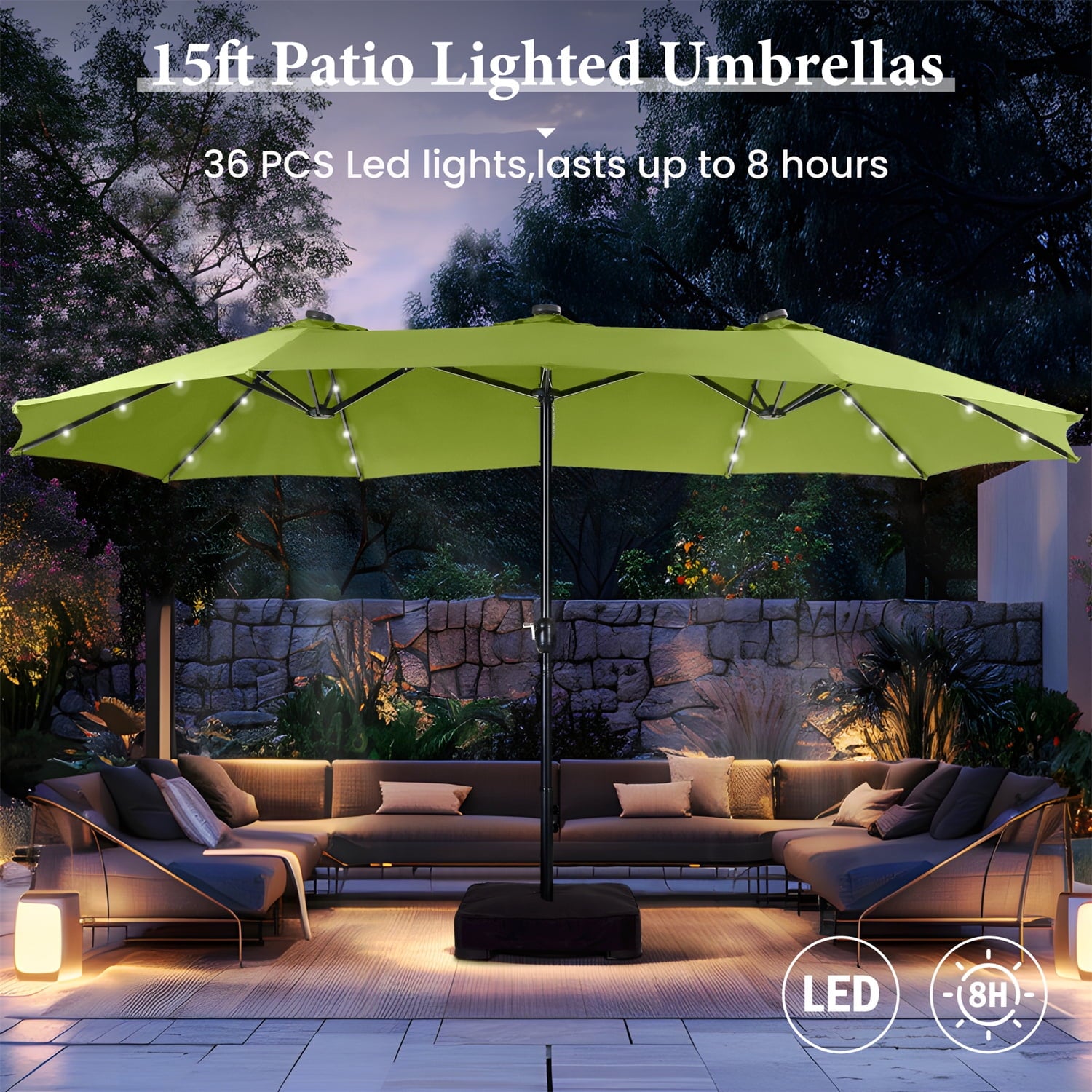 SUMMIT LIVING 15 FT Double-Sided Solar Patio Umbrella with Base Large Outdoor Umbrella with LED Solar Lights - Haze Blue