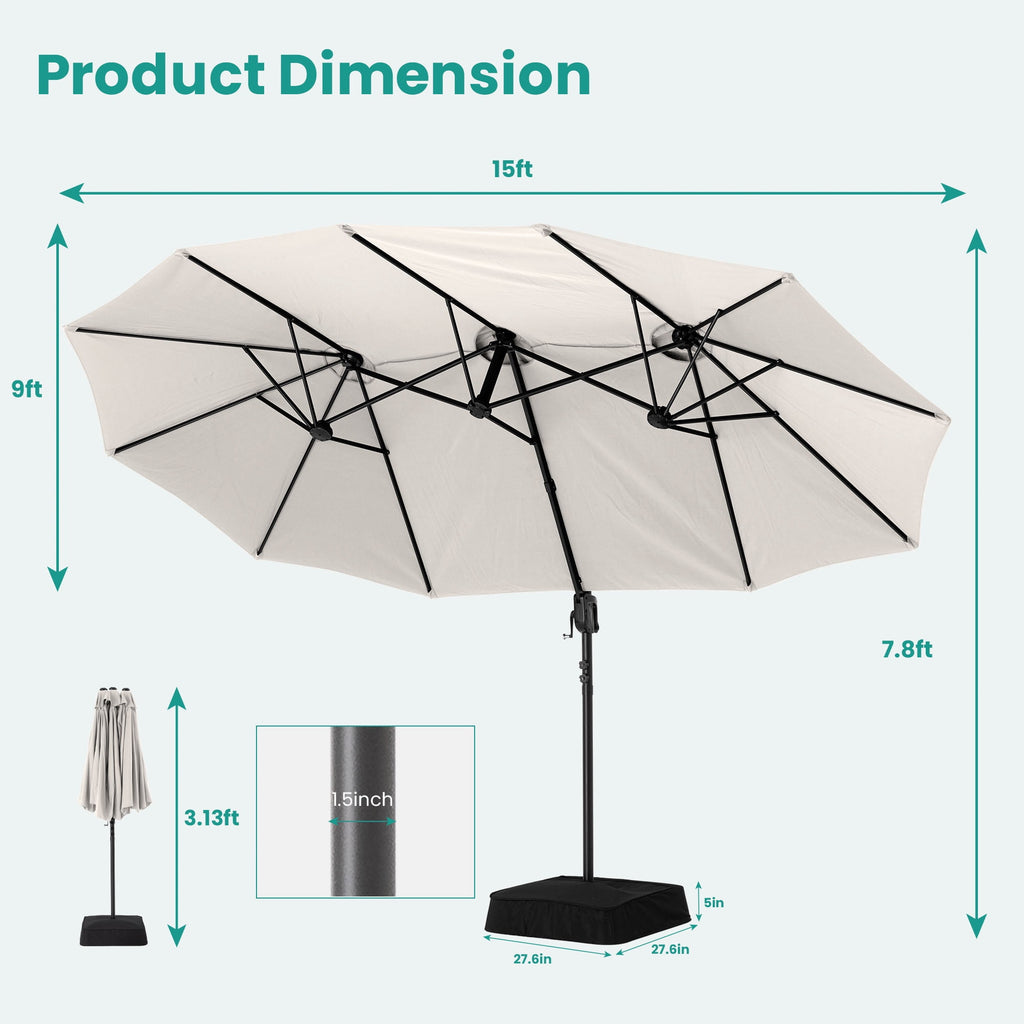 FOROUTIA 15ft Double-Sided Patio Umbrella, Large Rectangular Outdoor Market Umbrella with Crank, UV50+ Waterproof Twin Umbrella for Backyard, Poolside, Deck,Off-White