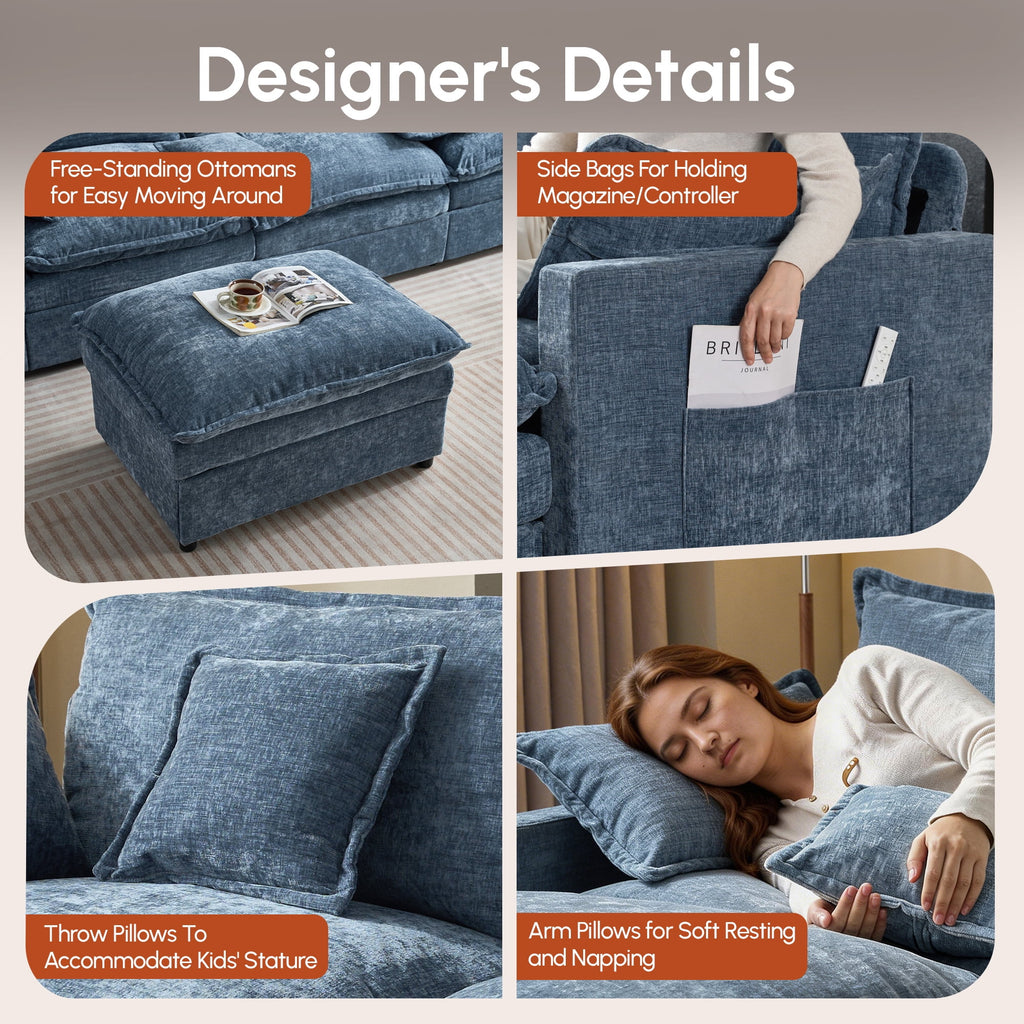 Ovios 108 Modular Sectional Sofa U-Shaped Cloud Couch with 2 Ottomans, Comfy Living Room Furniture, Chenille, Dark Blue