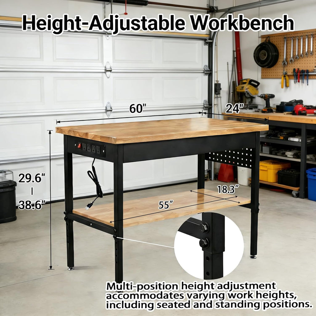 70 Inch Adjustable Workbench with Power Outlet Heavy Duty 2500 LBS Load Capacity Hardwood Work Table for Garage 6 Level Height Adjustable Workshop Bench with Wheels (70x22)