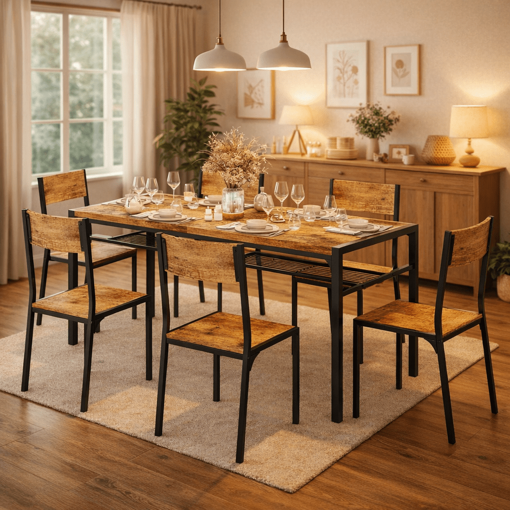 Aiho 7-Piece Dining Table Set for 6, Space-Saving Kitchen Table with Chairs, Compact Dining Furniture for Small Spaces & Apartments, Retro