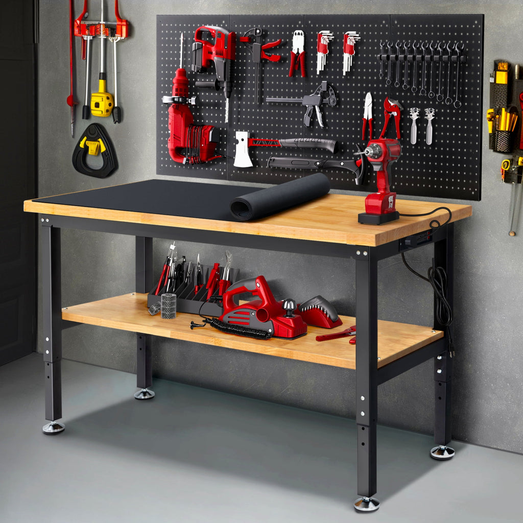 Workbench for Garage,ENJOYWOOD Heavy-Duty 60 inch 2 Tier Wood Work Bench with Storage Pegboards,Rubber Mat,Power Outlets, Rubber Wood Tabletop 2000 LBS Load Bearing Workstation Garage Desk Work Table