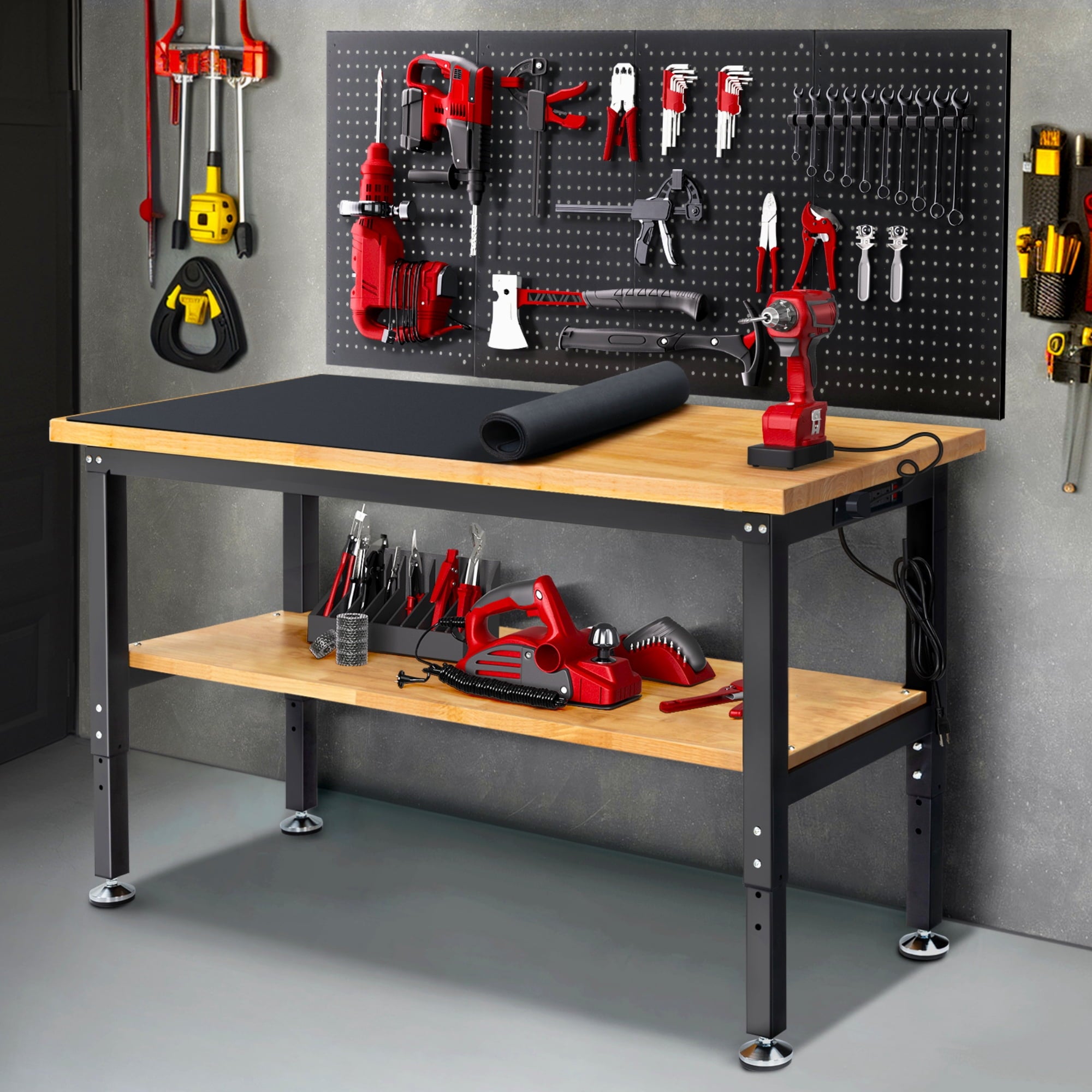 Workbench for Garage,ENJOYWOOD Heavy-Duty 60 inch 2 Tier Wood Work Bench with Storage Pegboards,Rubber Mat,Power Outlets, Rubber Wood Tabletop 2000 LBS Load Bearing Workstation Garage Desk Work Table