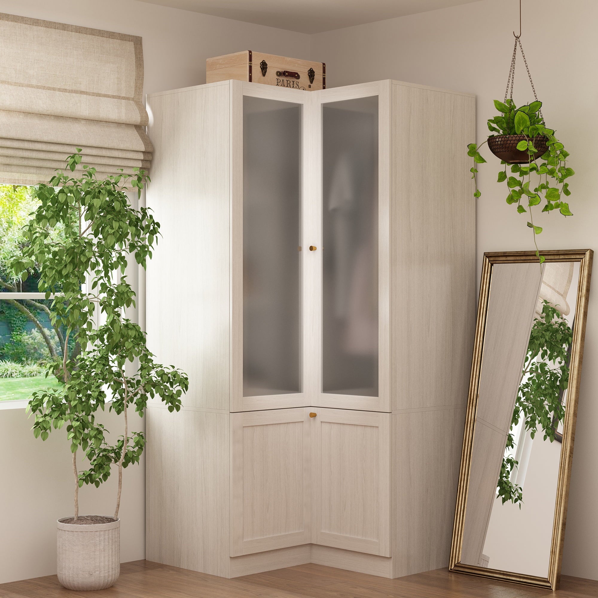 KULAGAGA Corner Armoire Wardrobe with Frosted Glass Doors, L-Shaped Closet Cabinet with Shelves and Hanging Rail for Bedroom