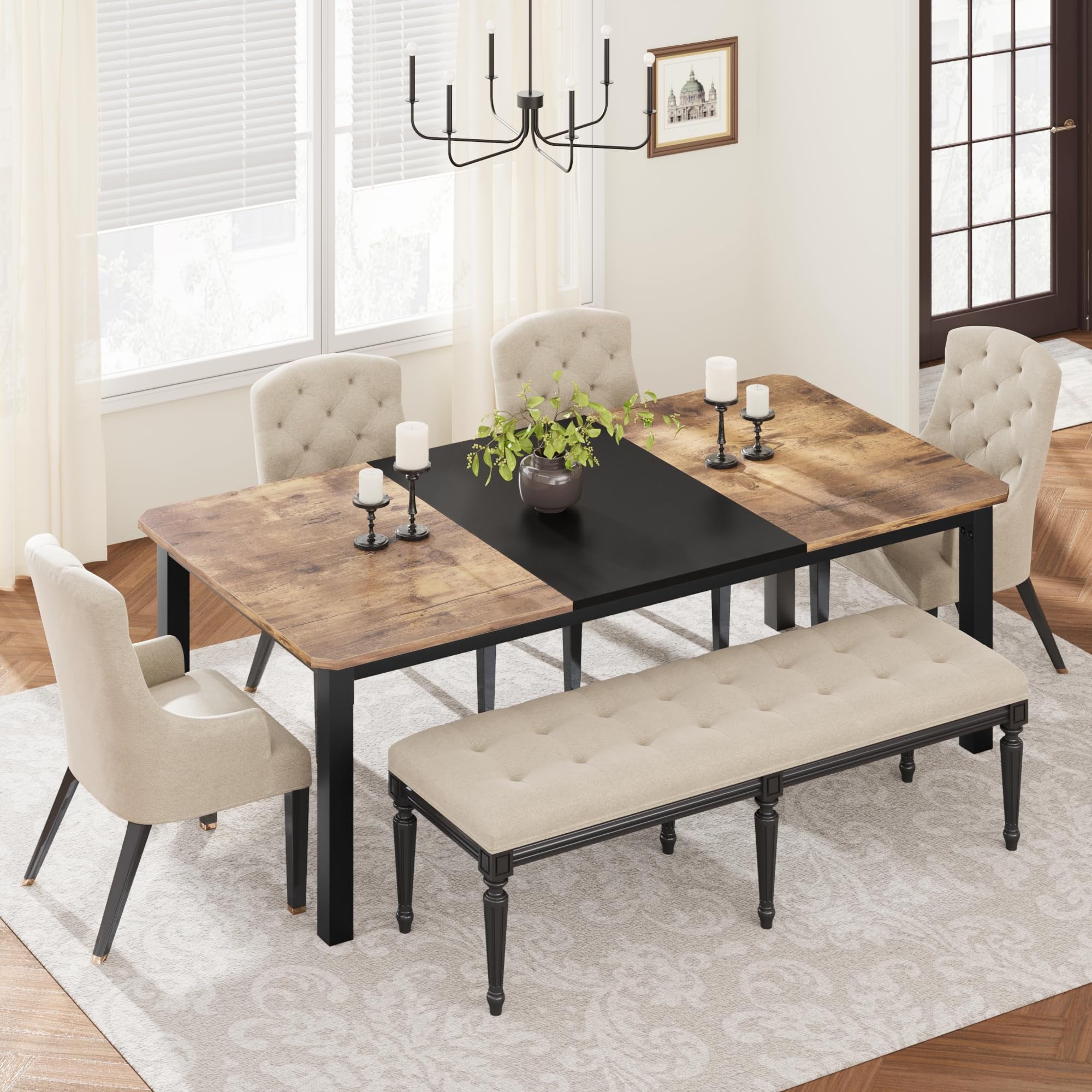 KOKEBREN 78.7 Inch Long Kitchen Table for 6-8, Dining Room Table for Kitchen Living Room, Large Rectangular Dinner Tables, Restaurant Tables with Sturdy Metal Frame(Only Table)-Black&Brown