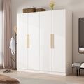 KULAGAGA  Large Wardrobe Closet, 4-Door Armoire Storage Cabinet with Hanging Rods and Shelves for Bedroom, White